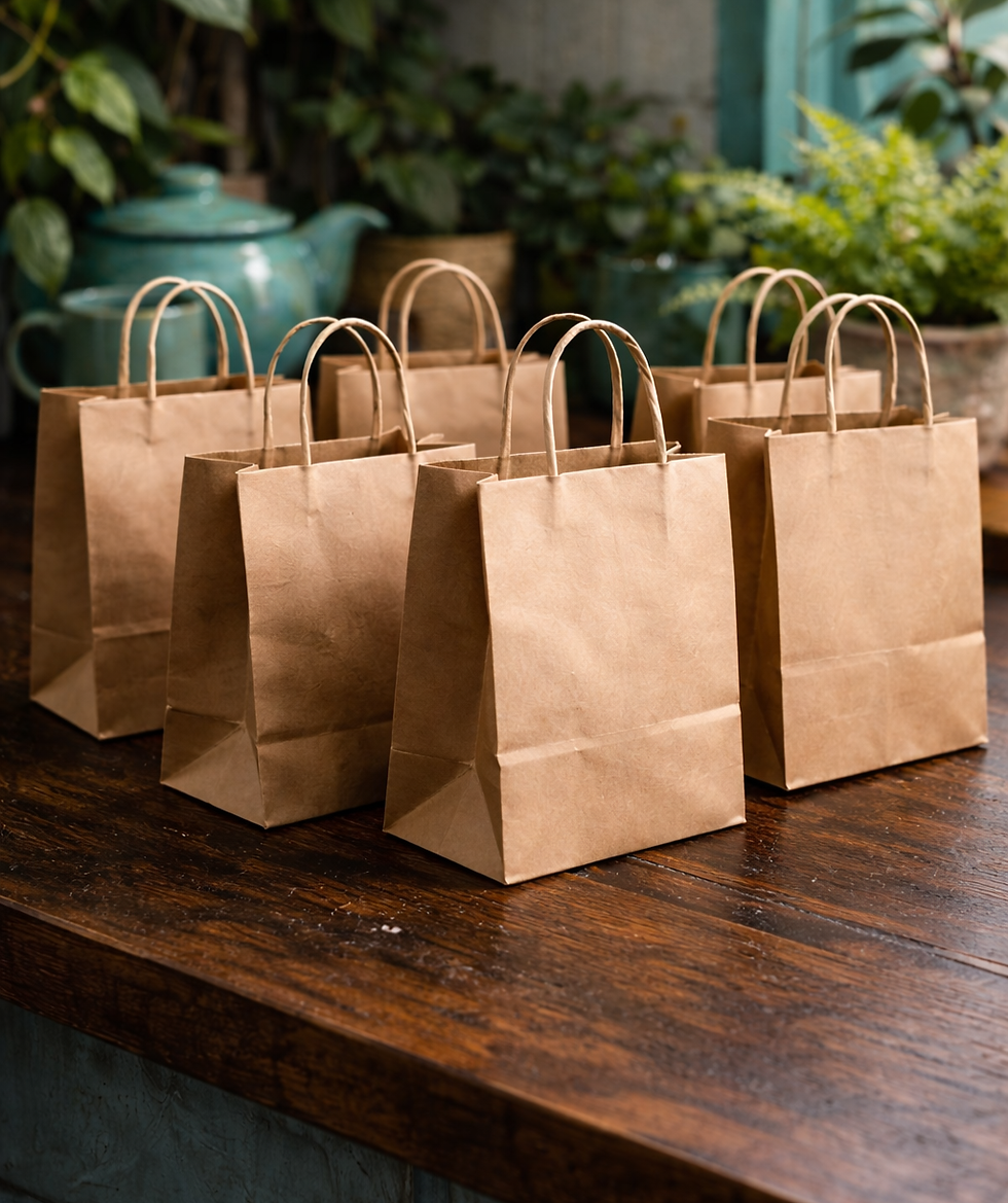 brown paper packages on a dark wood countertop