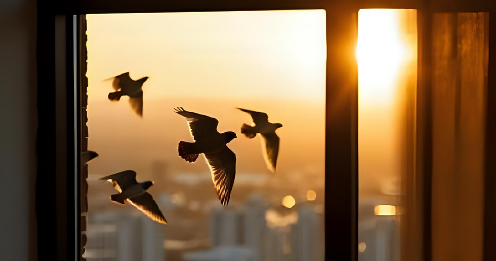 birds flying by a window