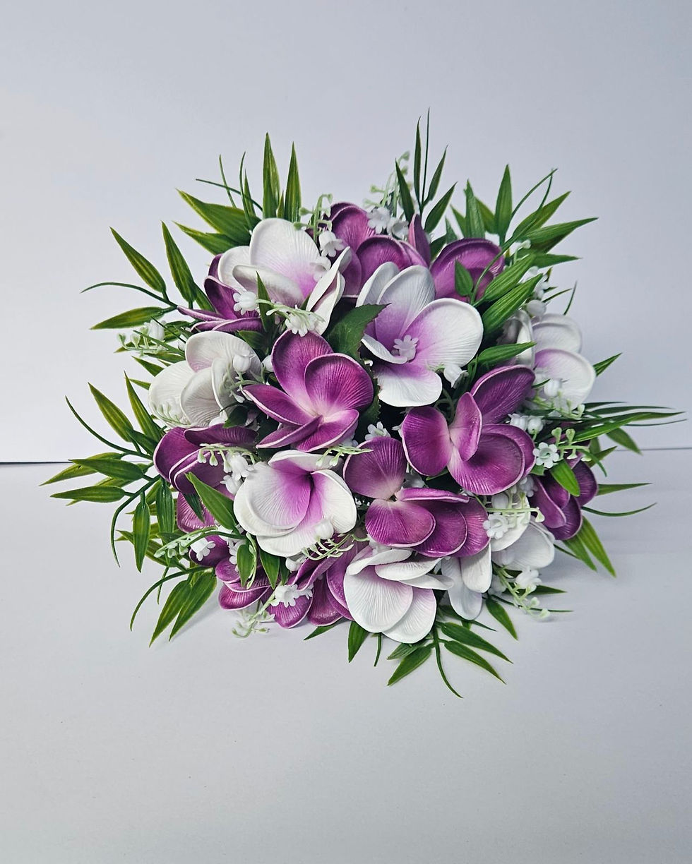 Thumbnail: White & Purple Frangipani Bridesmaid Bouquet