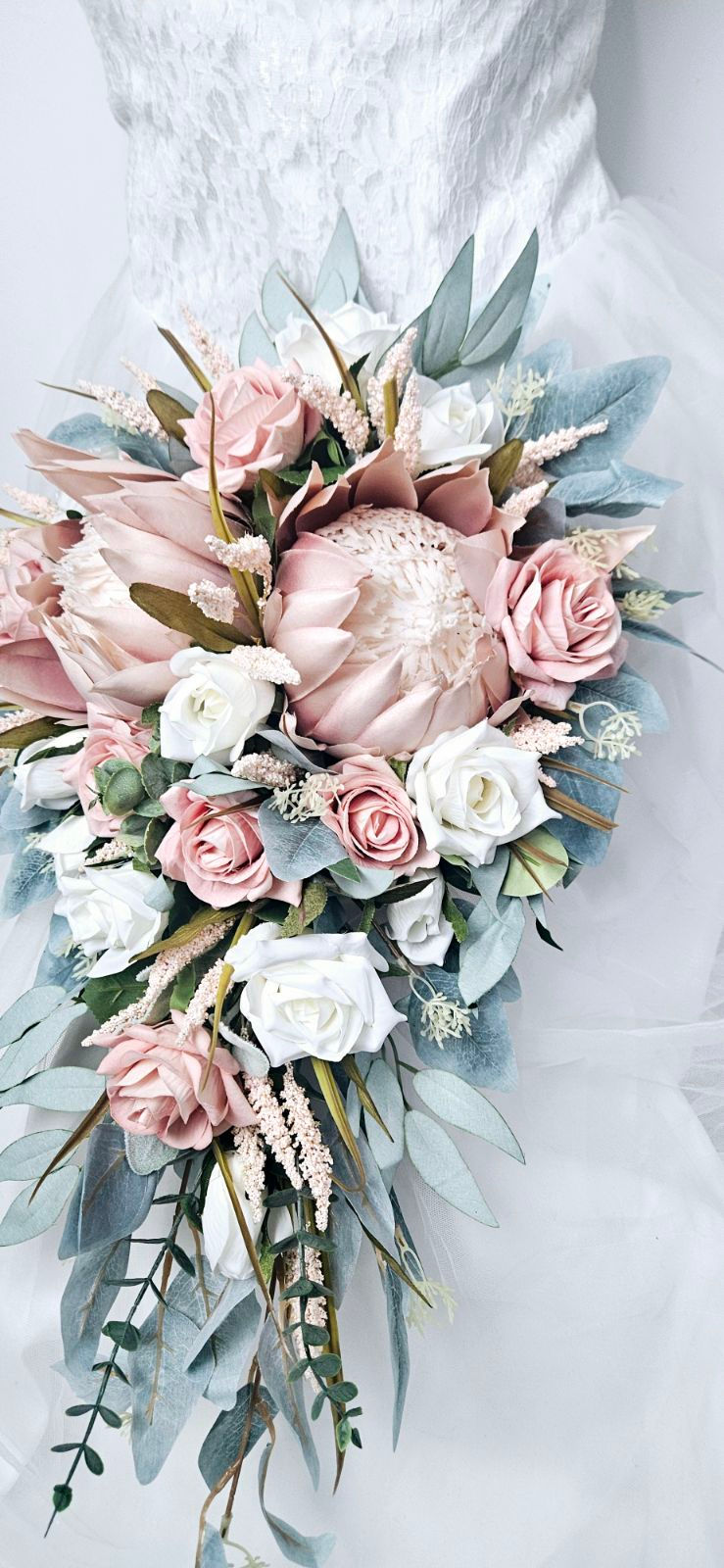 Thumbnail: Elegant Protea and Eucalyptus Teardrop Bridal Bouquet