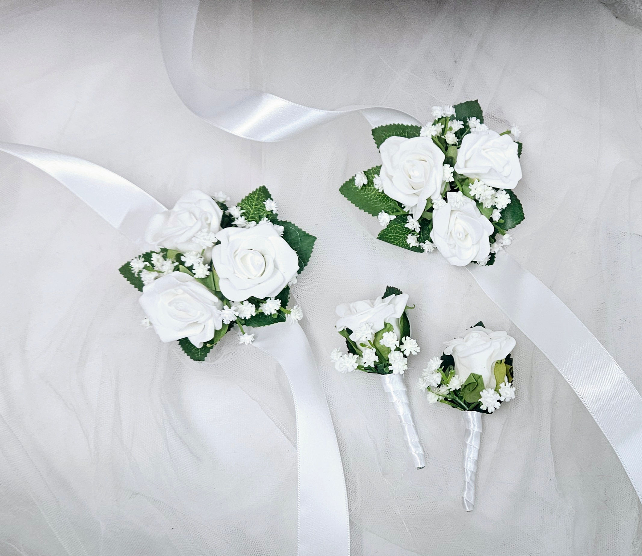 Sale Package - white rose - wrist corsage & button hole set