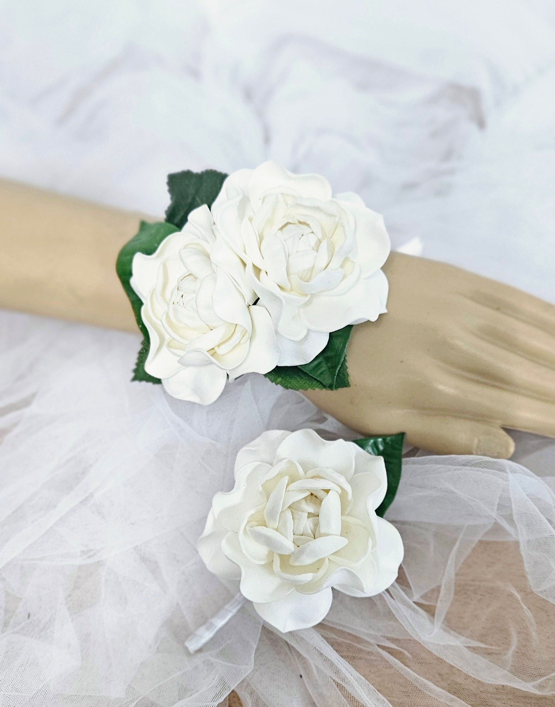 Wrist corsage & button hole set - Double Gardenia 