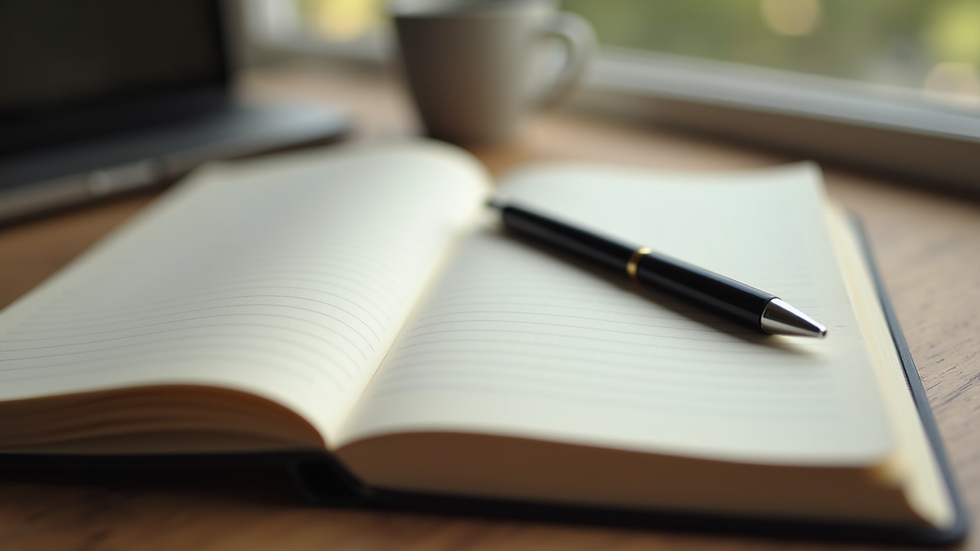 Close-up view of a journal and pen on a wooden table