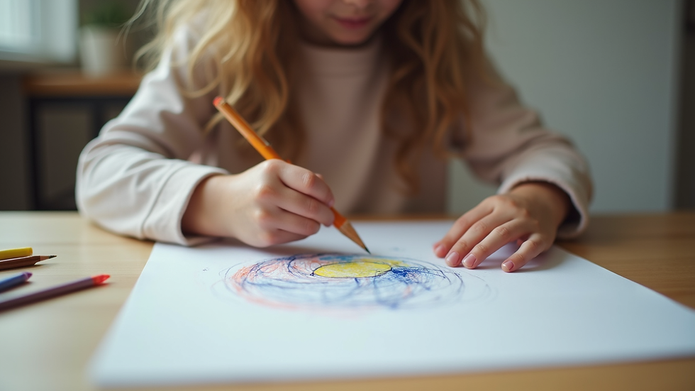 Close-up view of a child’s drawing on a therapy session table