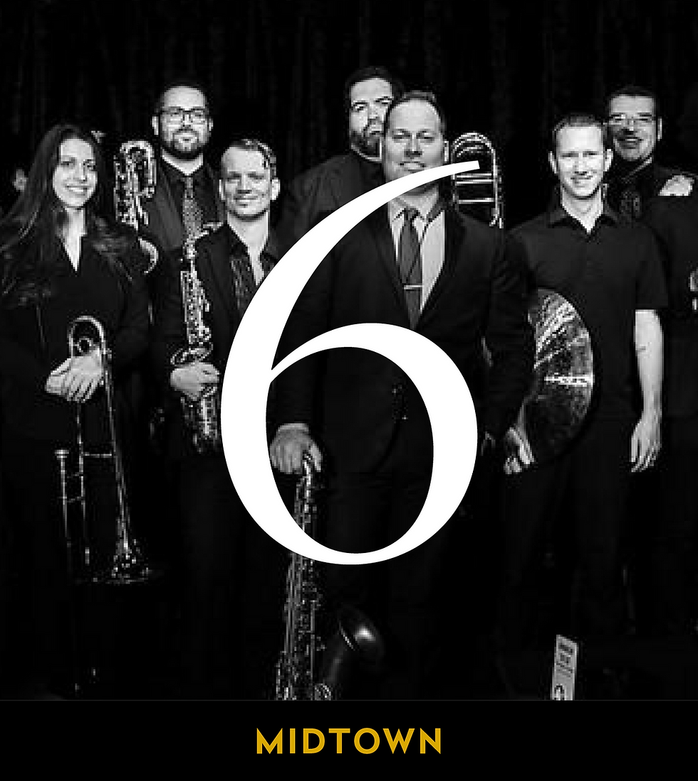 Black-and-white photo of a 16-piece jazz band with brass instruments performing at Birdland in Midtown.