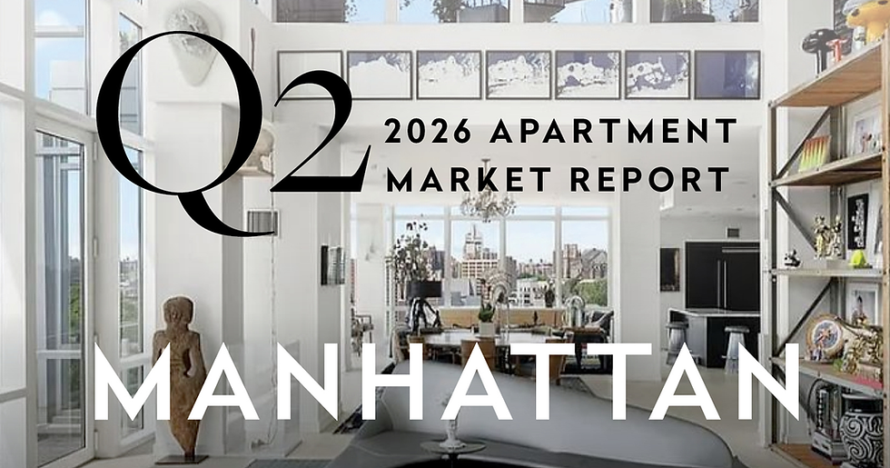 Q2 2026 Manhattan Apartment Market Report title displayed over a bright, modern luxury apartment with floor-to-ceiling windows and city views.