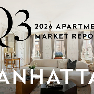 Manhattan Q3 2026 Apartment Market Report cover featuring an elegant living room with ornate moldings, tall windows, and a marble fireplace.
