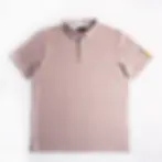 Pink Nicholas Zip Polo with subtle pattern, laid flat