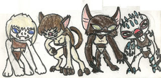 Alien Concepts: Pig Monkey V1, Pig Monkey V2, Stitch-a-like, thorny plant monkey,