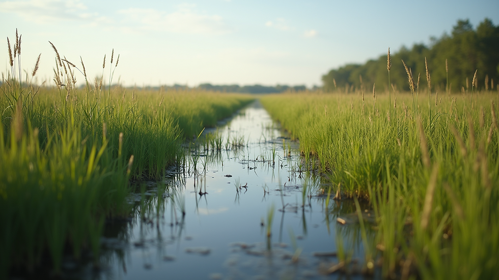 Eye-level view of restored wetland area with native sawgrass and shallow water channels