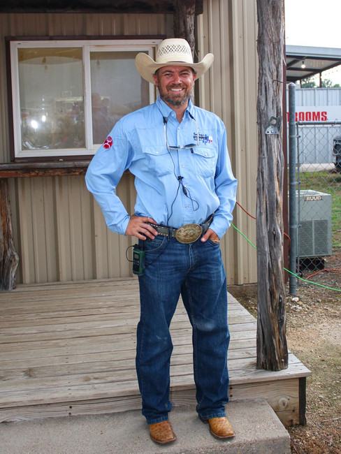 Nate Burger, Treasurer for the Hood County Stampede prepping for the start of the Hood County Stampede charity rodeo in Granbury