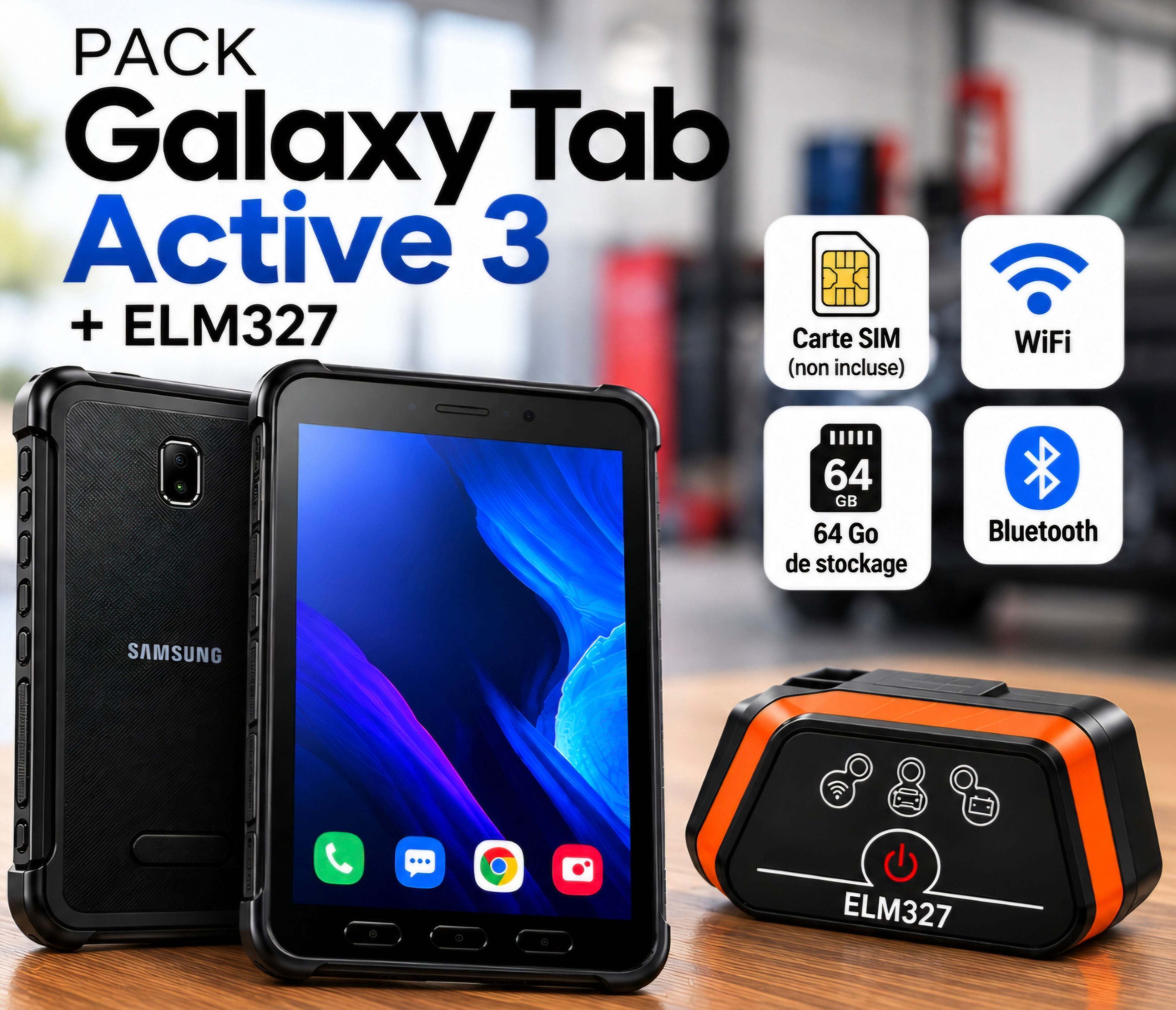 Pack Samsung Galaxy Tab Active 3 64 Go + Diagnostic Auto ELM327