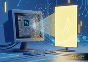 O photoshop no computador sendo destruido por um raio emitido de outro gadget que tem uma banana na tela