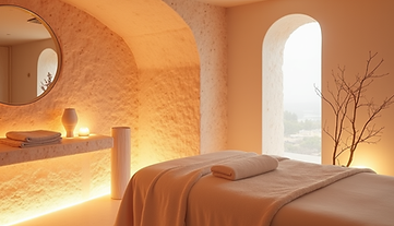 A tranquil spa room with softly lit salt bricks and a massage table, promoting relaxation