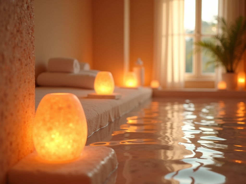 Serene spa room with glowing Himalayan salt lamps and soft daylight at Salt Holistic Spa in London, Ontario