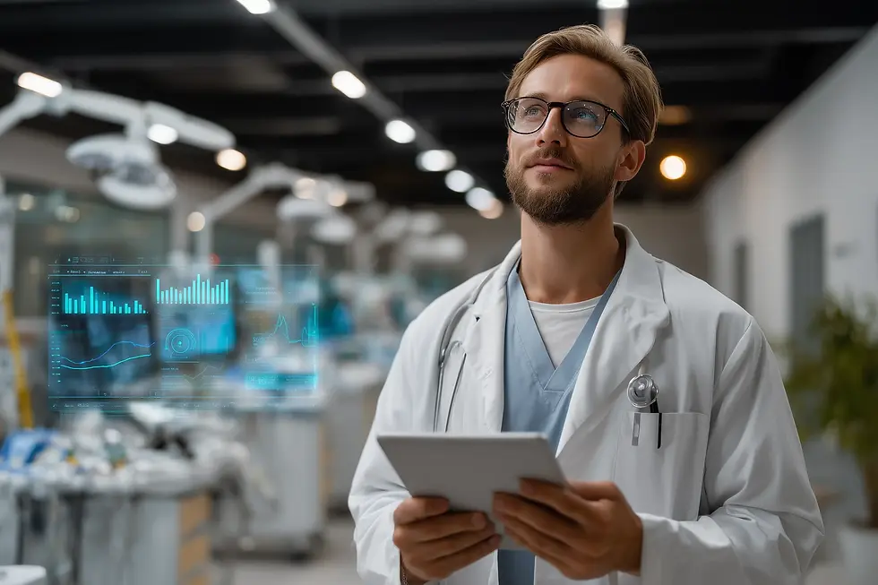 Physician holding tablet with declining AI adoption metrics in hospital corridor, illustrating healthcare AI implementation challenges