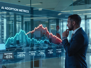Healthcare professional analyzing AI adoption metrics dashboard showing declining user engagement and post-pilot performance trends