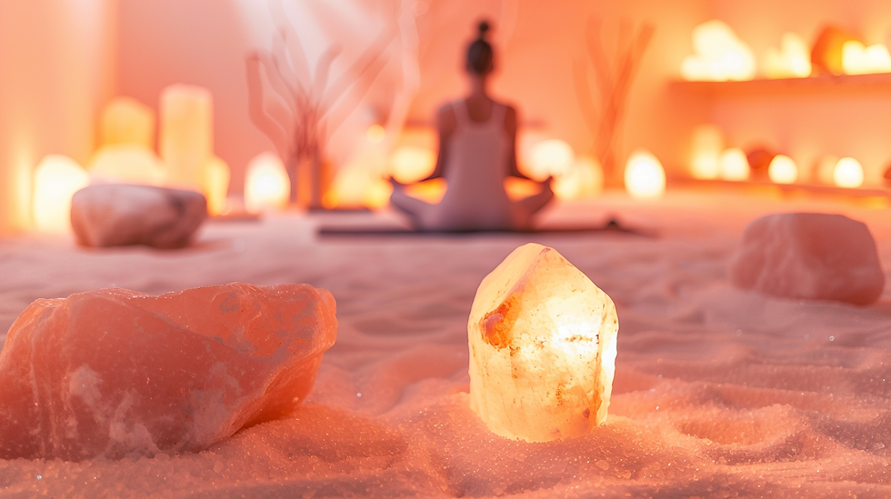 Group of women practicing gentle yoga in a salt room on yoga mats with glowing Himalayan salt lamps, experiencing a restorative yoga and halotherapy session for wellness and relaxation.