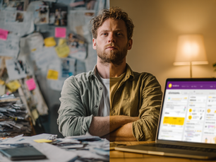 Split comparison image showing cluttered traditional marketing workspace on left with papers and disconnected tools versus organized modern workspace on right with AI-powered marketing dashboard displaying purple and gold analytics interface