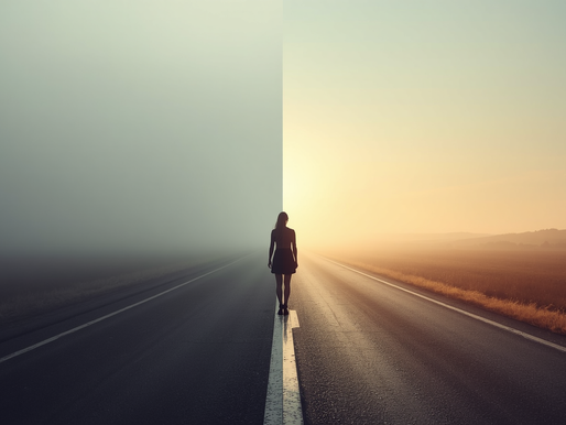 Voici la traduction fluide et évocatrice de votre description de visuel :  « Un voyageur en silhouette immobile à un carrefour brumeux et flou qui se transforme magnifiquement en un sentier clair et ensoleillé, symbolisant la clarté psychologique et le choix. »