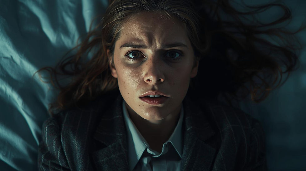 Worried young professional woman lying in bed, looking up at the ceiling.