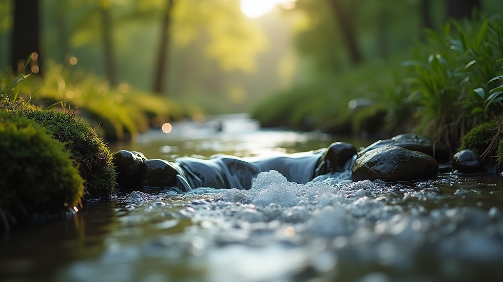Close-up view of a serene nature scene with a flowing stream