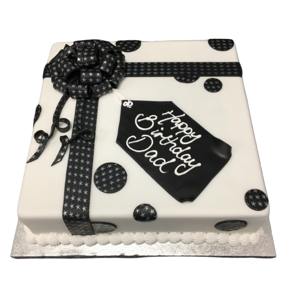 Parcel-shaped cake decorated with shimmering stars in UK English. Perfect for celebrations and events.