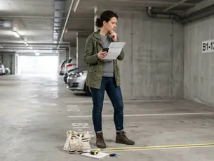 A determined-looking person in casual weekend clothing standing in their apartment building's underground carpark, holding a printed letter and a phone, looking at their assigned car space with a measuring tape on the ground nearby — clearly in the process of planning something.