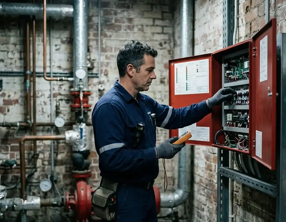 Technician in blue coveralls checks an open red electrical panel in a brick utility room with pipes and gauges.