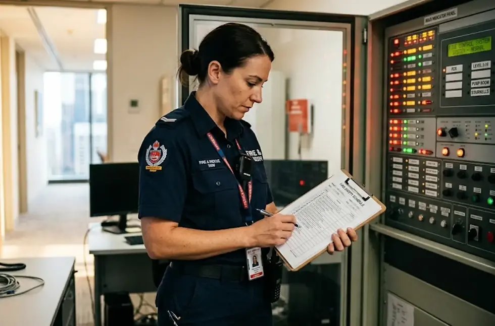 A photograph of a fire safety practitioner in navy workwear standing inside a commercial building's fire control room, reviewing a Fire Safety Schedule