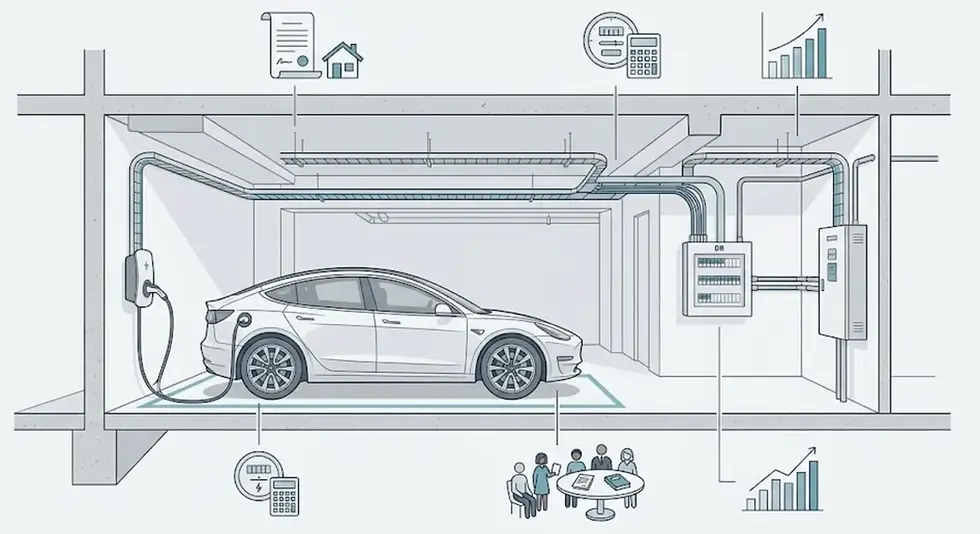 White electric sedan charging in a modern garage, surrounded by wiring, calculator, house and growth icons.