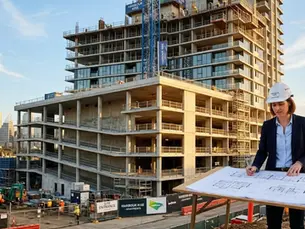 A construction site of a modern high-rise apartment building in Sydney, partially completed, with exposed concrete carpark levels visible. In the foreground, an architect or project manager in a hard hat and smart casual clothing is reviewing large-format blueprints, with the building structure rising behind them. Golden afternoon light. The scene feels ambitious and forward-looking — a building being done right from the ground up.