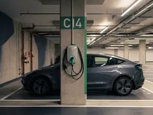  wide shot of a modern Sydney apartment building's basement car park, softly lit, with one contemporary EV charger mounted on a concrete pillar beside a parked electric car.