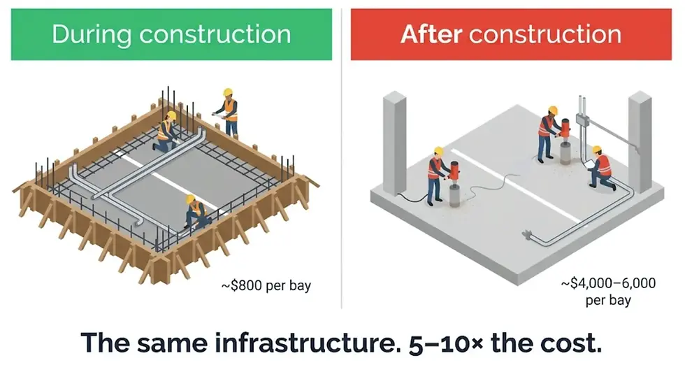 A clean minimal split infographic on a white background. Left panel titled "During construction" with a green header: a simple illustration of conduit runs being laid in an unfinished concrete carpark, with a small cost label "~$800 per bay". Right panel titled "After construction" with a red header: the same finished carpark with workers core-drilling through concrete, dust visible, with a cost label "~$4,000–6,000 per bay". A bold caption centred underneath both panels: "The same infrastructure. 5–10× the cost." 
