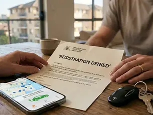 A close-up shot of a formal rejection letter lying on a kitchen table in a modern Sydney apartment, next to a smartphone displaying an EV charging app and a set of car keys. 