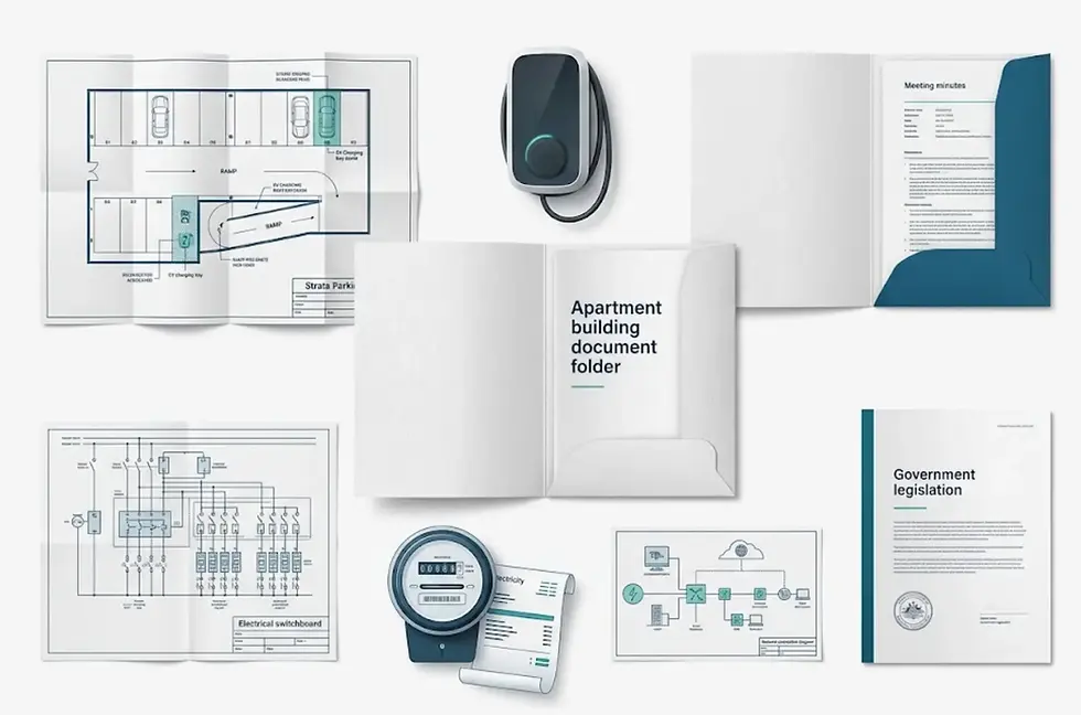Apartment building document folder with floor plans, electrical diagrams, meeting minutes, and legislation forms on a white background