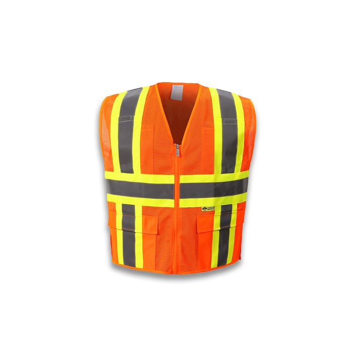 M7038C-2High Visibility Contrast Vest, Class 2, Orange, Mesh, Zipper Closure