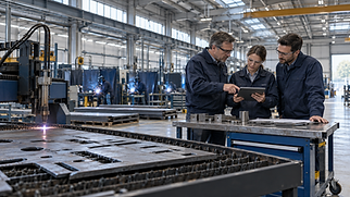 Fabrication Team Reviews Plans on a Tablet.png