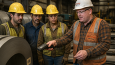 John Hannan shows metal service center workers how to use a mobile device.