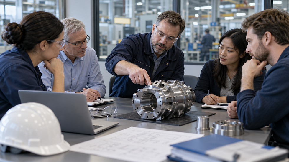 Illustration - plant managers and a plant controller from different sites discussing a machined component in a cross-plant requirements workshop