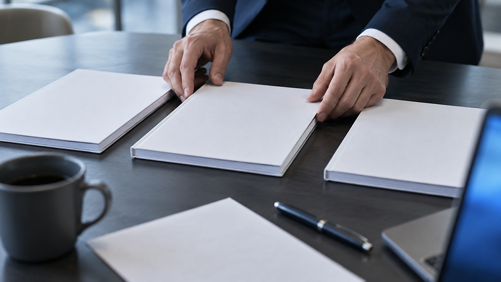 Illustration - three consultant proposals side by side on a conference table, ready to be scored