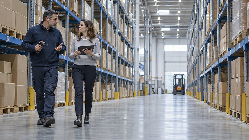 Illustration - warehouse supervisor and analyst walking a distribution center aisle to document how the operation runs