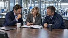 Illustration - operating partner, CFO and plant manager reviewing plans in a conference room overlooking a manufacturing floor