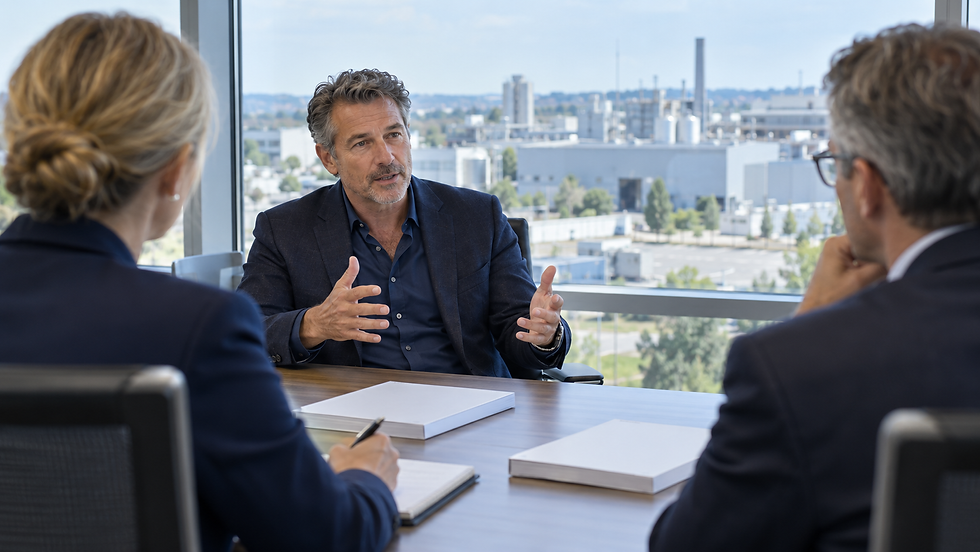 Illustration - procurement and IT leaders interviewing a senior ERP selection adviser across a conference table