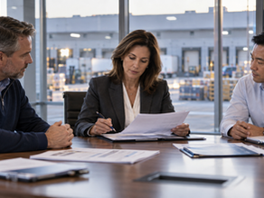 Illustration - CFO reviewing an ERP business case with operations and IT leaders in a conference room overlooking a warehouse