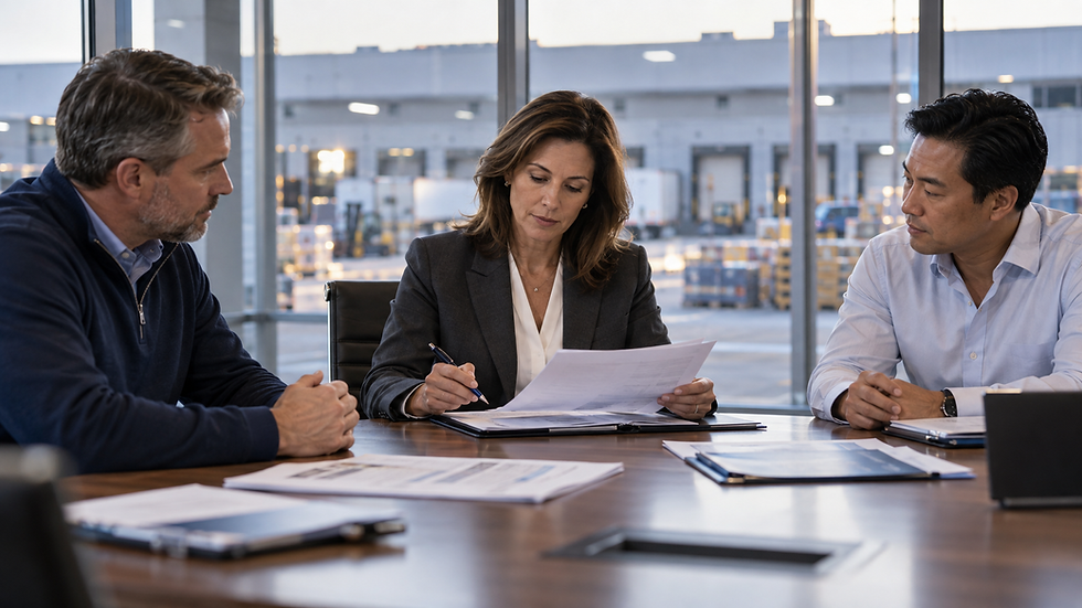 Illustration - CFO reviewing an ERP business case with operations and IT leaders in a conference room overlooking a warehouse
