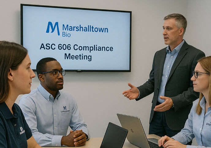 Accounting Staff from Marshalltown Bio discuss their ASC606 compliance during a team meeting.
