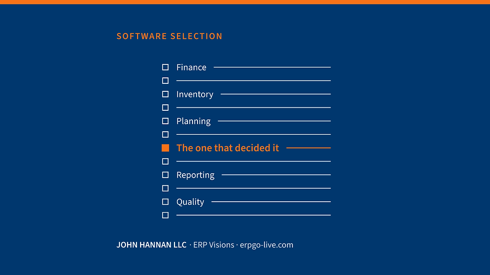 Twelve-row requirements checklist with Finance, Inventory, Planning, Reporting and Quality labels and a larger orange middle row labeled The one that decided it - John Hannan LLC