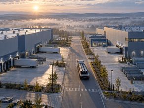 Illustration - truck moving components between two manufacturing plants in an industrial park at dawn