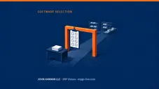 Illustration - an orange gate with a clipboard of eight blank check boxes, standing between a desk of proposals and a plant floor with racks and a conveyor - John Hannan LLC
